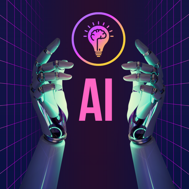 Two robot hands around the letters AI and a cartoon brain above it