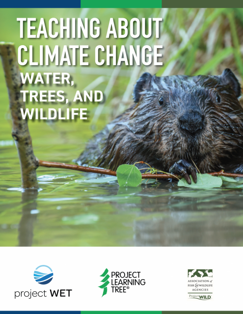 Beaver in water with text that says teaching about climate change water, trees, and wildlife with logos of Project Wet,  Project Learning,  and Project Wild.