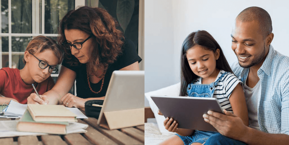 Two different parents helping their children with homework