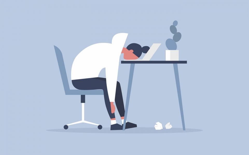 Cartoon with person face down on a laptop